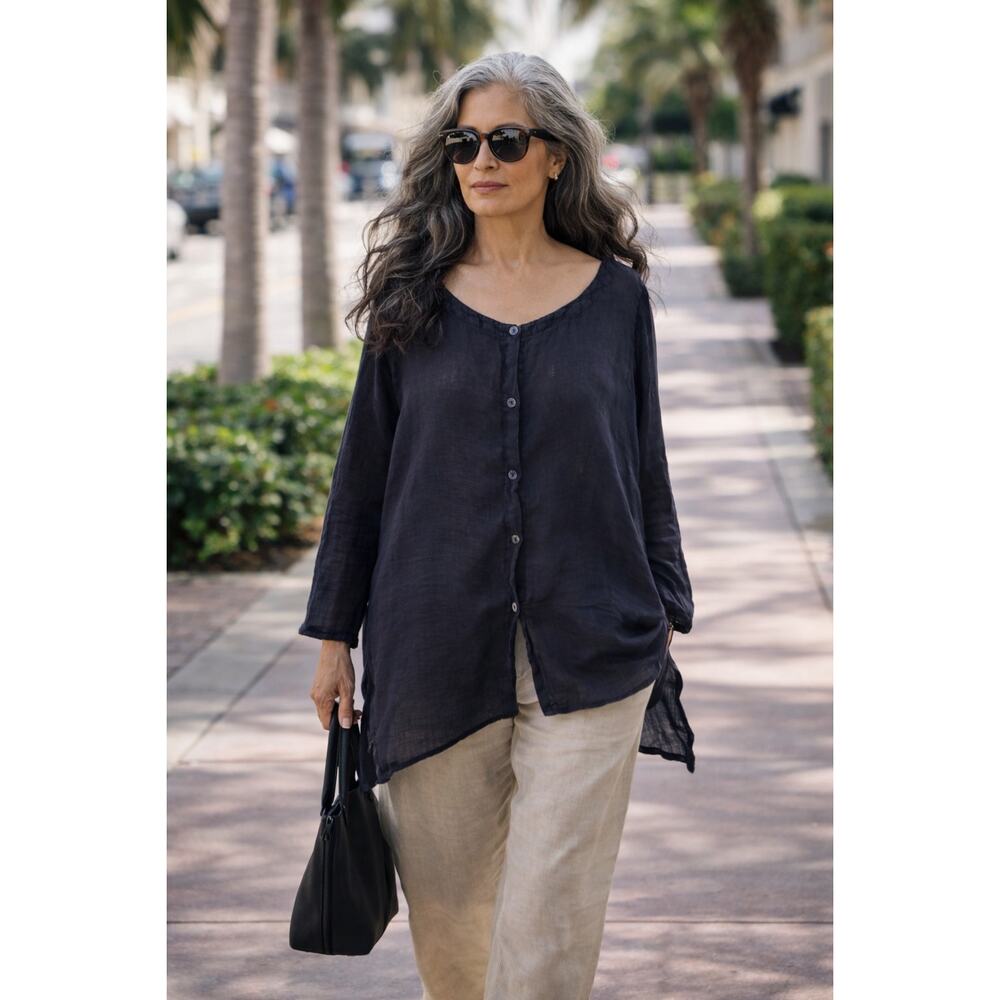 Kleen Linen Top M Black Sheer Button Front Tunic Lightweight Boho Chic